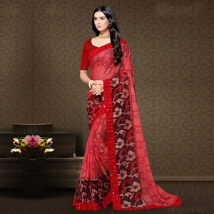 Hypnotic Pink - Peach Colored Partywear Embroidered Chiffon Brasso Saree