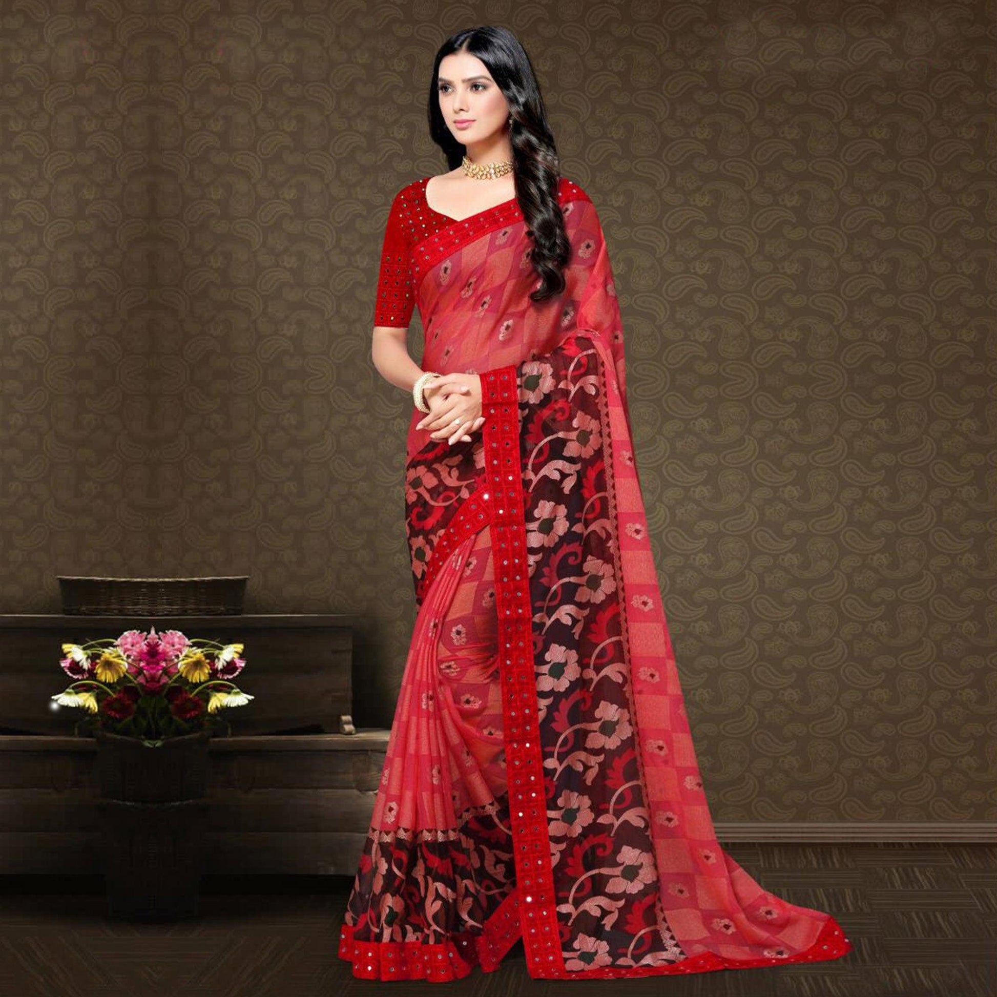 Hypnotic Pink - Peach Colored Partywear Embroidered Chiffon Brasso Saree