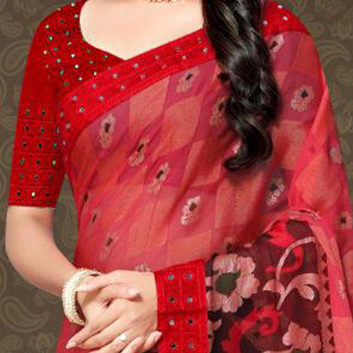 Hypnotic Pink - Peach Colored Partywear Embroidered Chiffon Brasso Saree