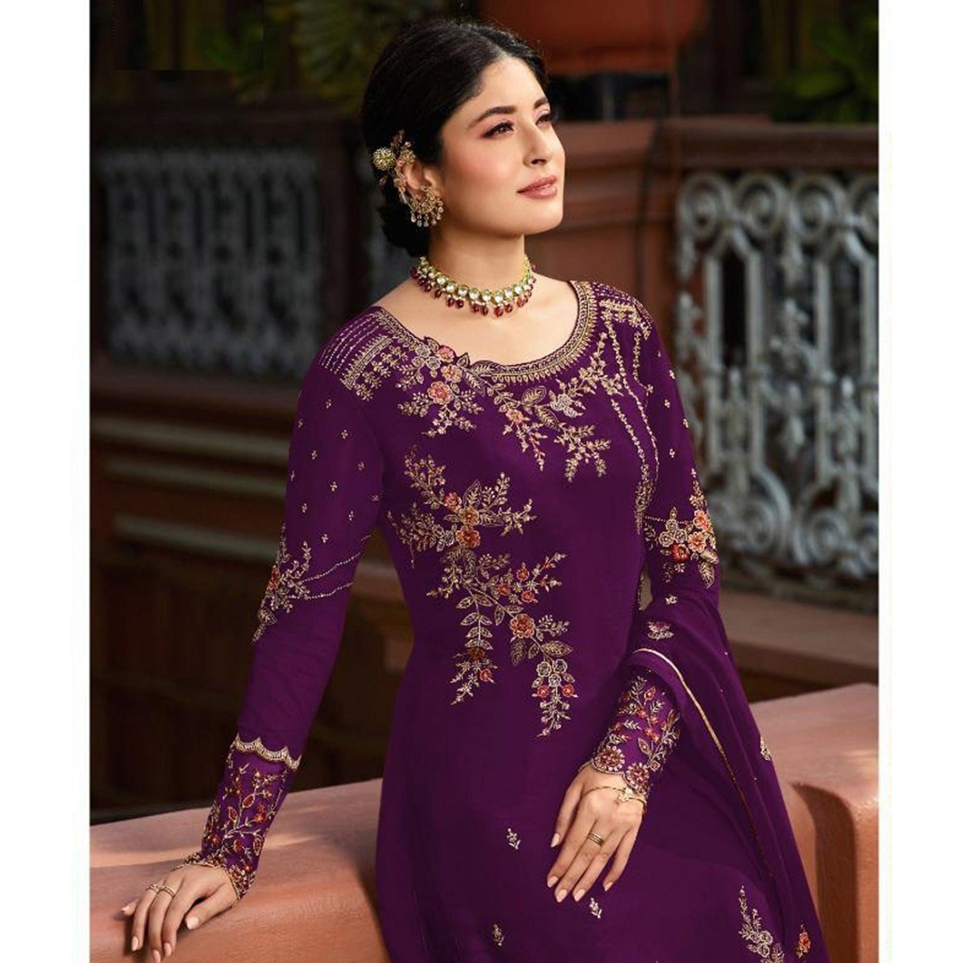 Hypnotic Purple Colored Partywear Embroidered Gerorgette Straight Suit