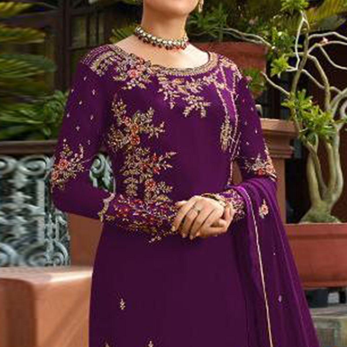 Hypnotic Purple Colored Partywear Embroidered Gerorgette Straight Suit