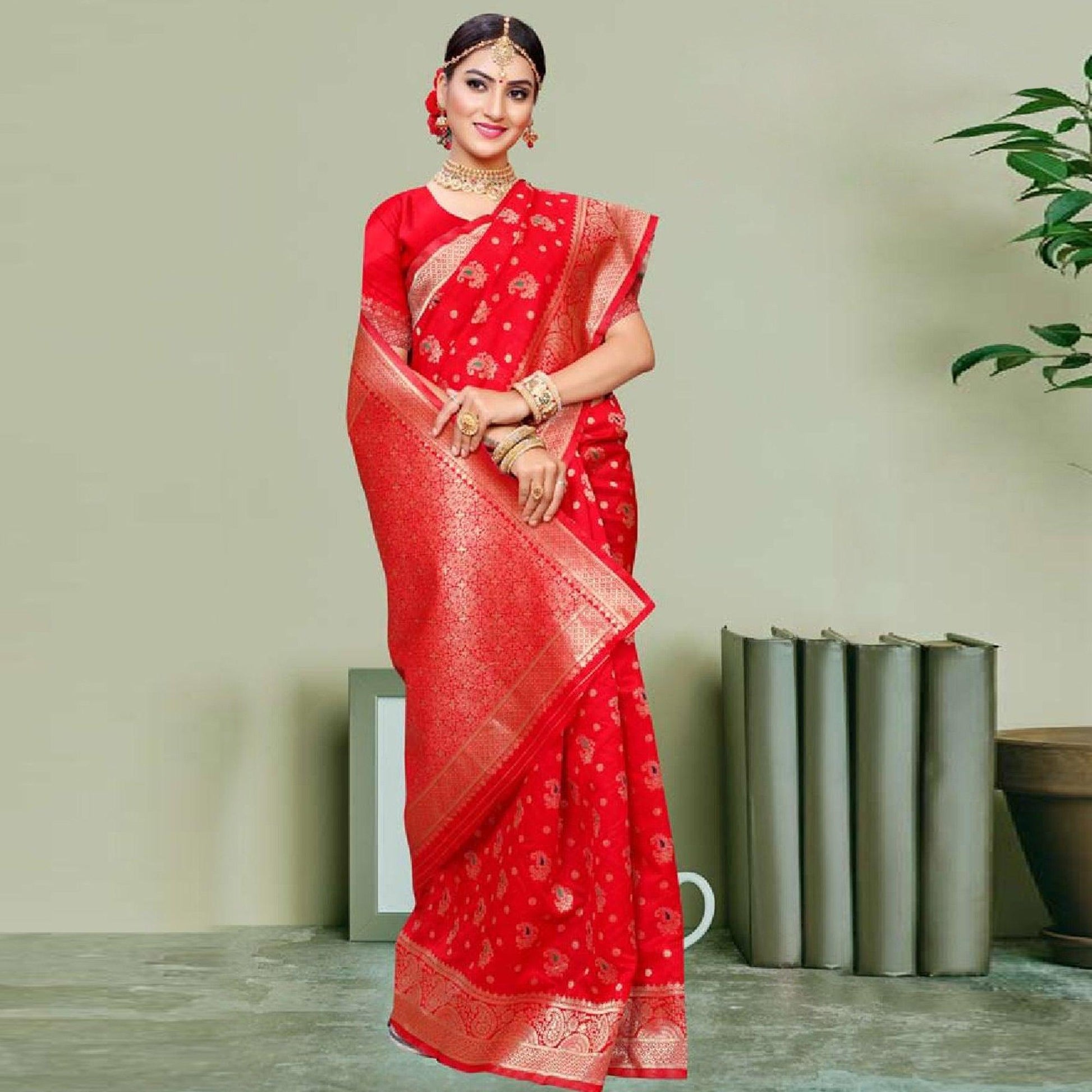 Hypnotic Red Colored Festive Wear Woven Art Silk Saree