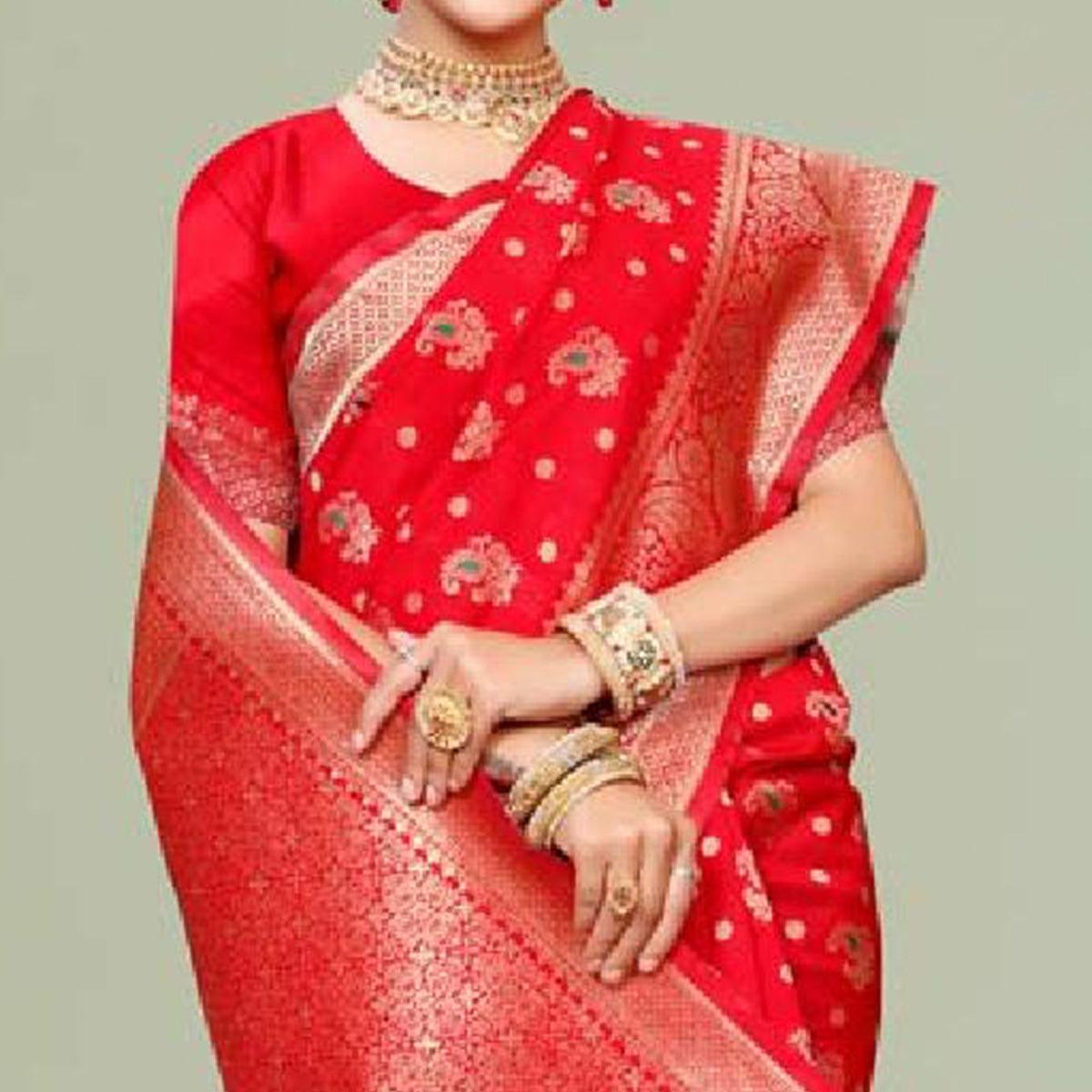 Hypnotic Red Colored Festive Wear Woven Art Silk Saree