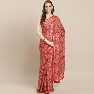 Hypnotic Red Colored Festive Wear Woven Moss Georgette Saree