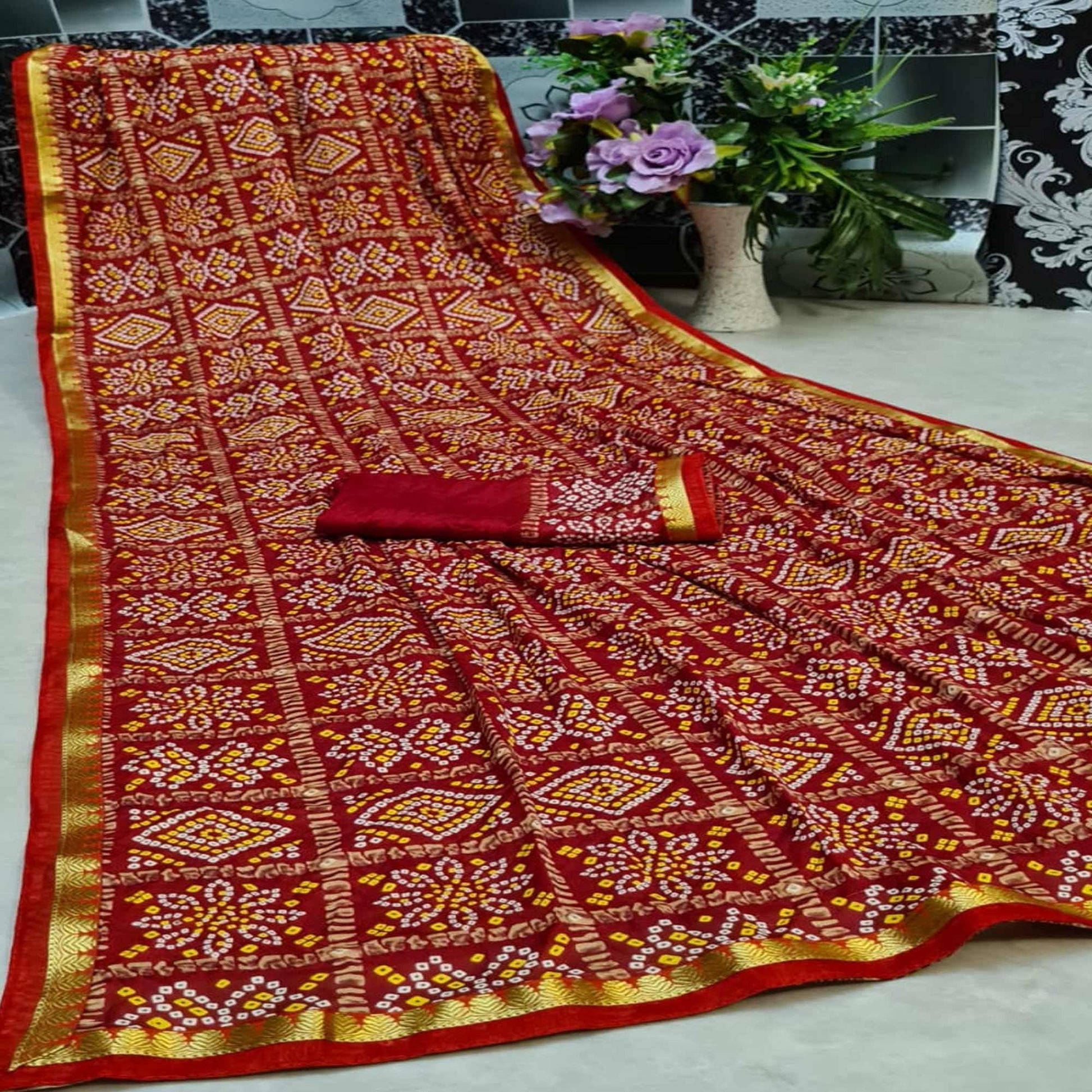 Hypnotic Red Colored Festive Wear Woven Moss Georgette Saree