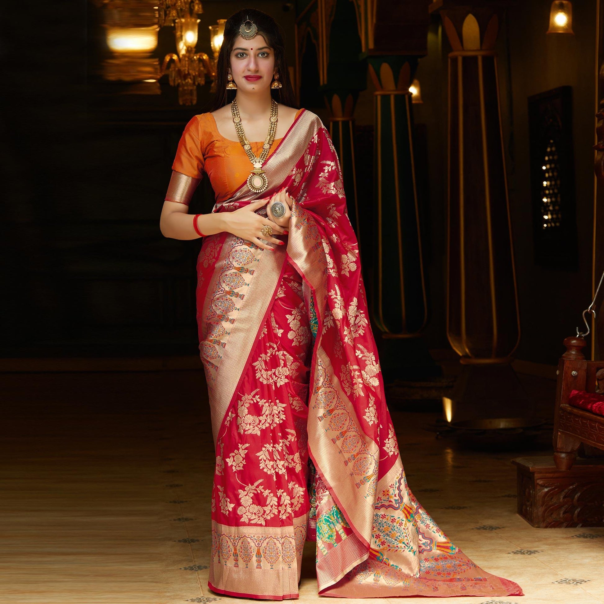 Hypnotic Red Colored Festive Wear Woven Silk Saree