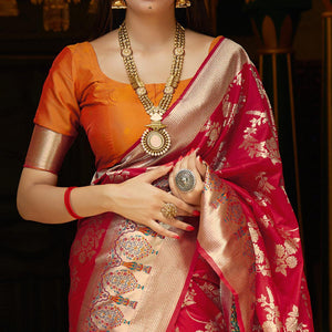 Hypnotic Red Colored Festive Wear Woven Silk Saree