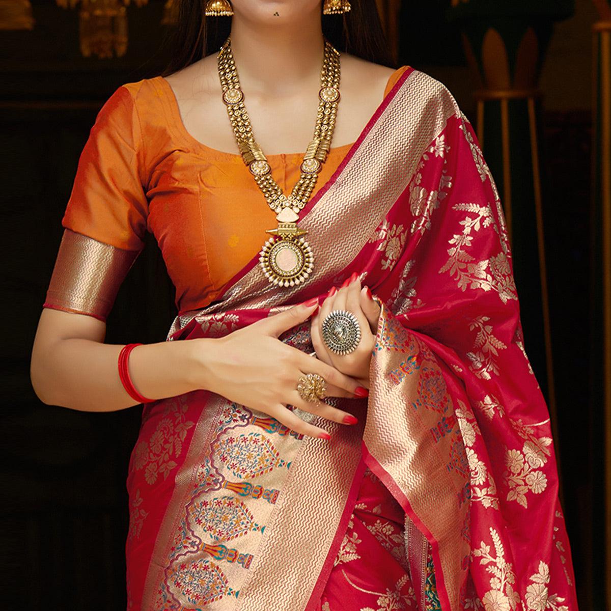 Hypnotic Red Colored Festive Wear Woven Silk Saree