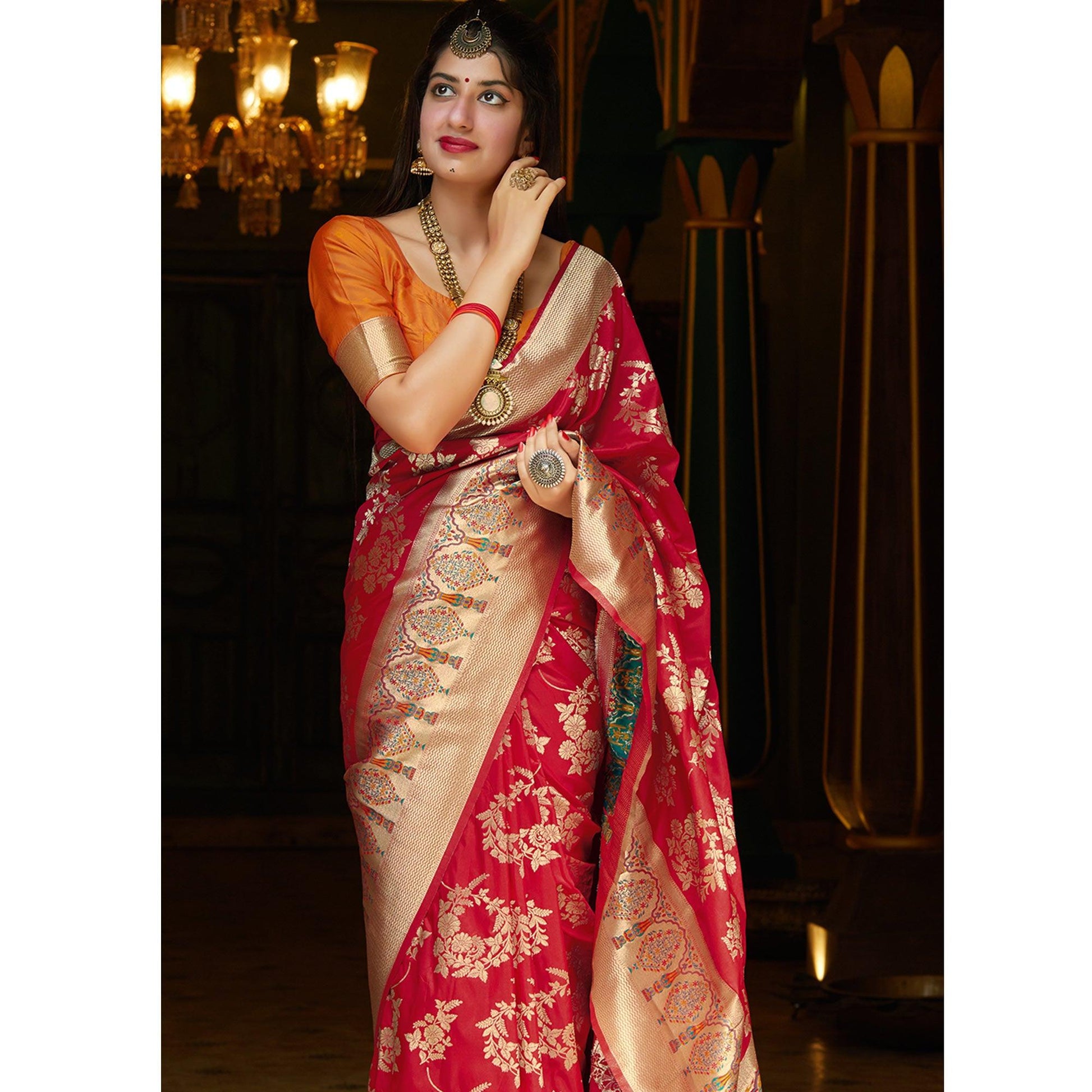 Hypnotic Red Colored Festive Wear Woven Silk Saree