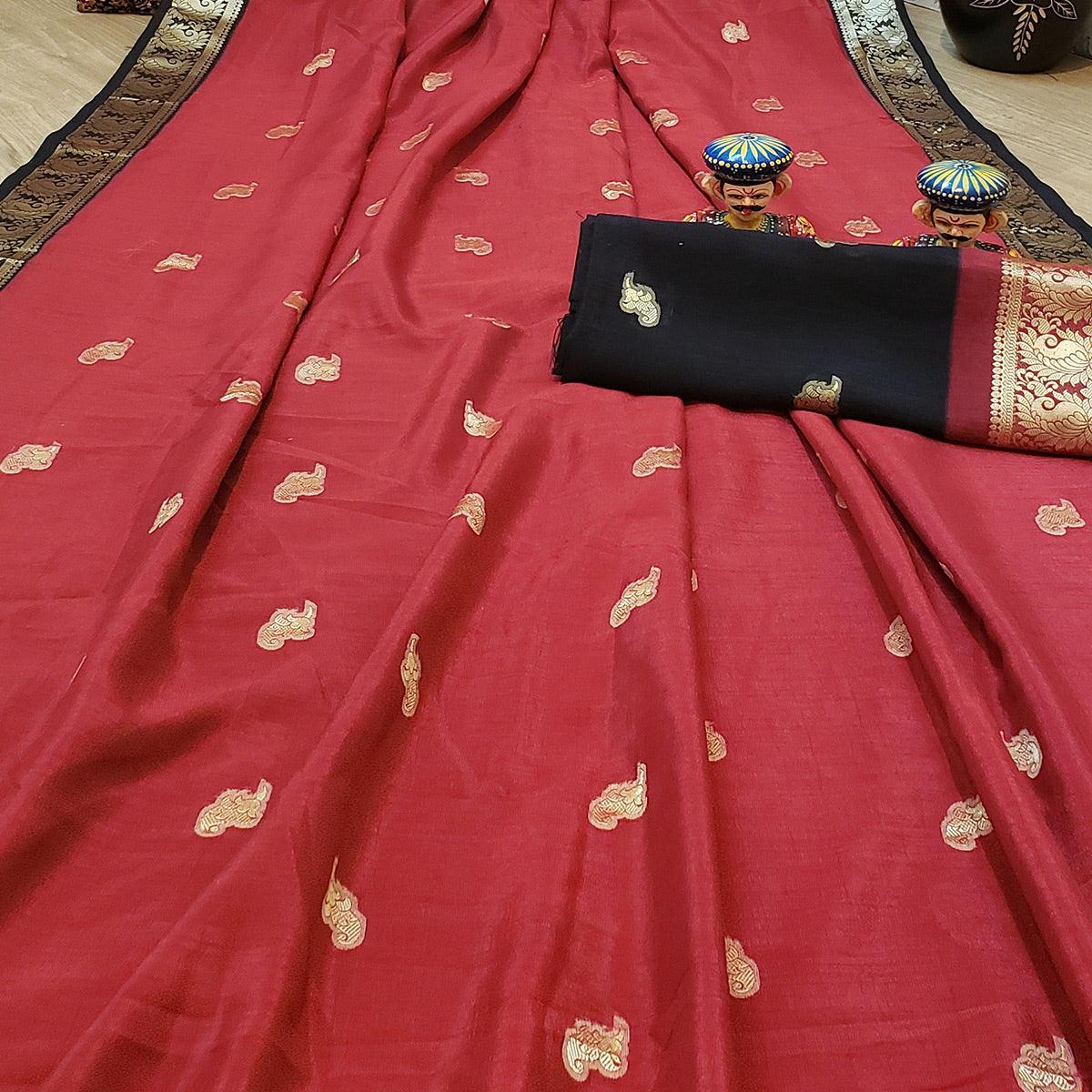 Hypnotic Red Colored Festive Wear Woven Soft Vichitra Silk Saree