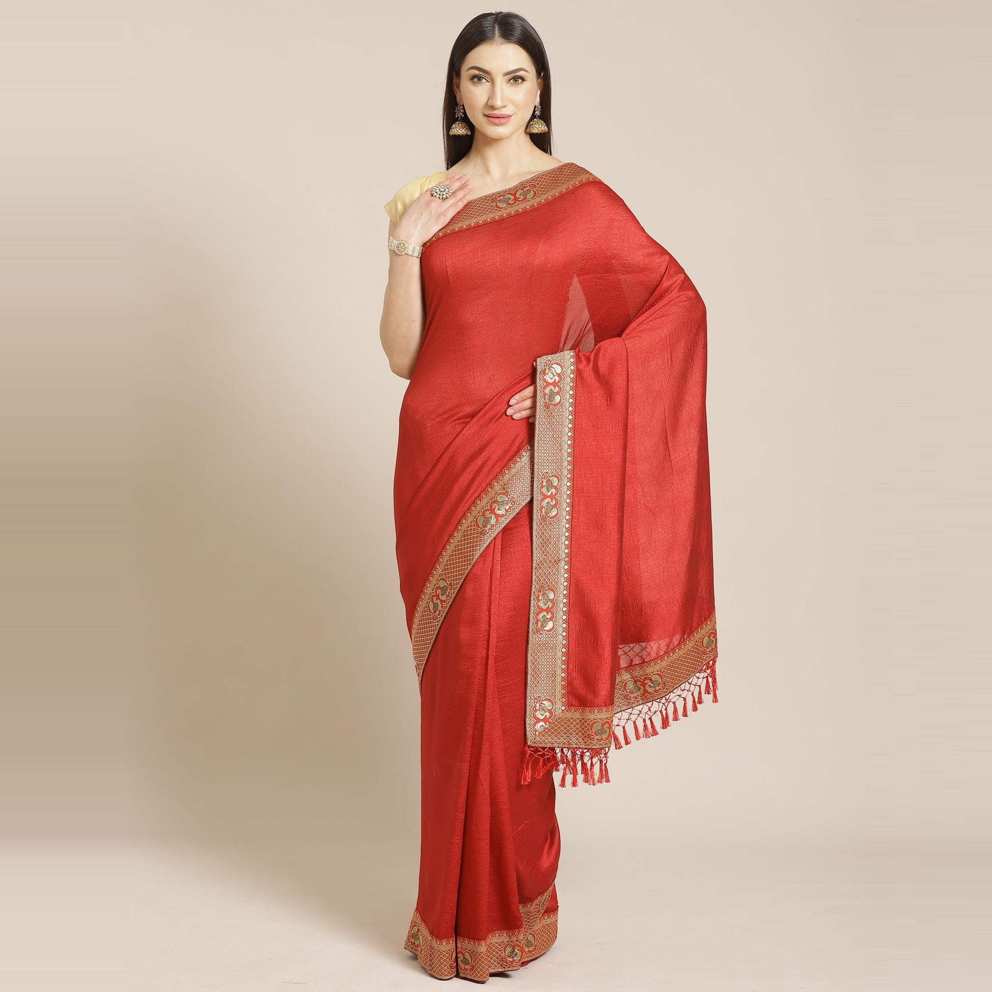 Hypnotic Red Colored Festive Woven Silk Blend Saree