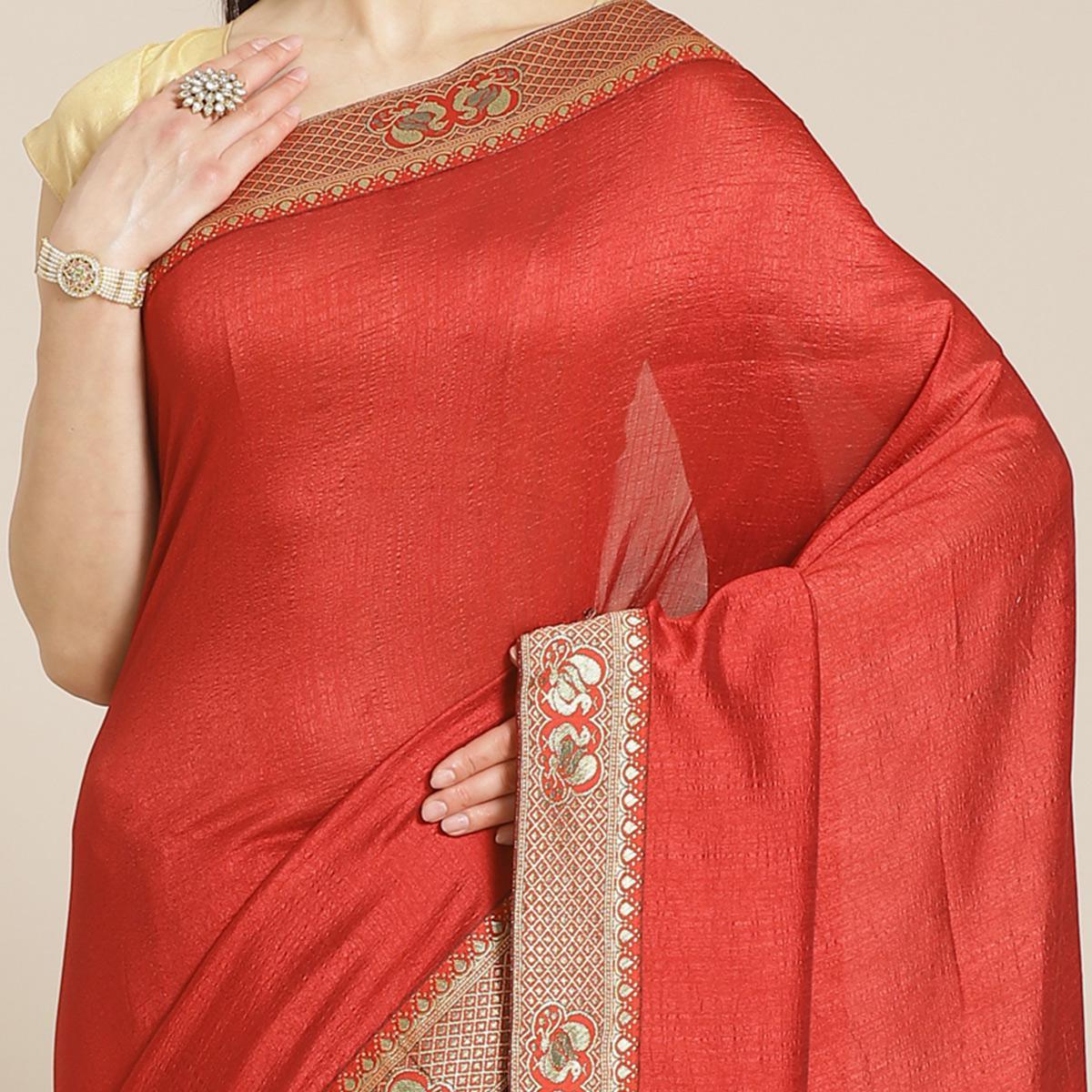 Hypnotic Red Colored Festive Woven Silk Blend Saree
