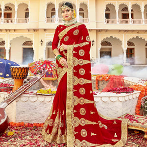 Hypnotic Red Colored Partywear Embroidered Georgette Saree