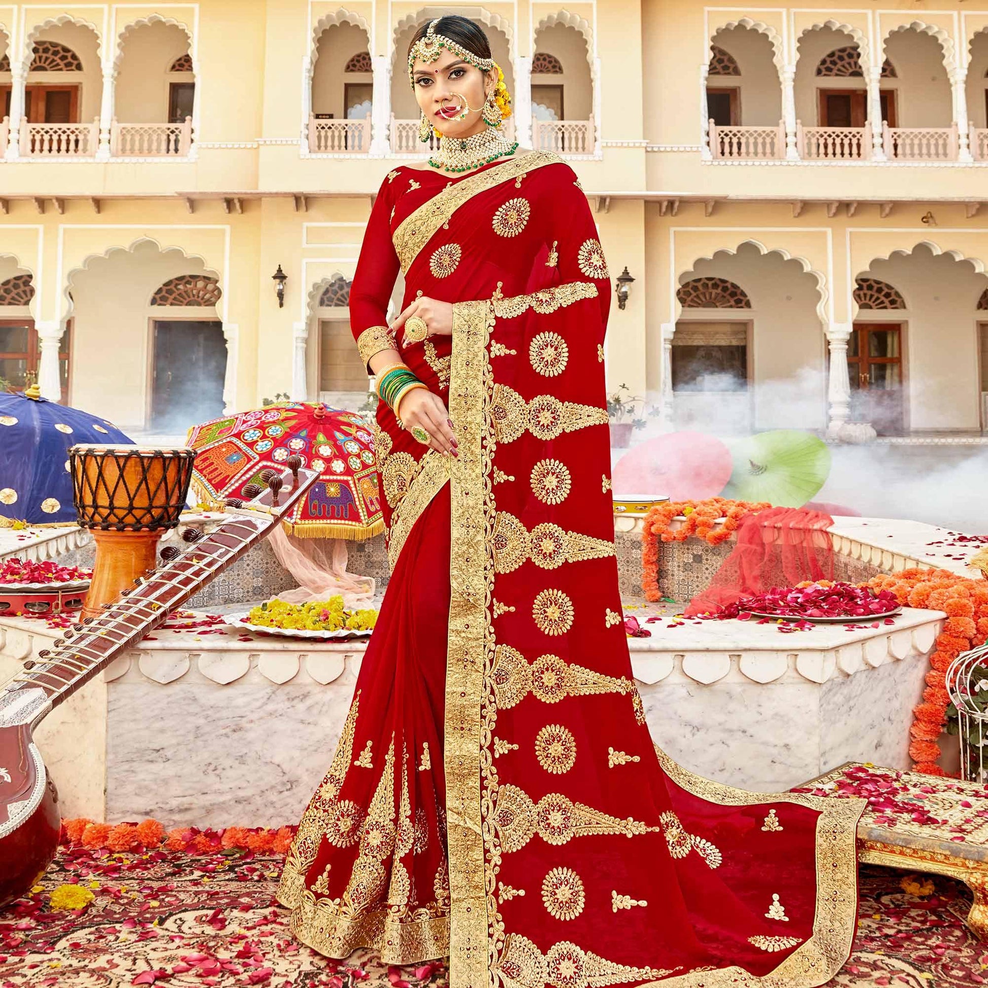 Hypnotic Red Colored Partywear Embroidered Georgette Saree