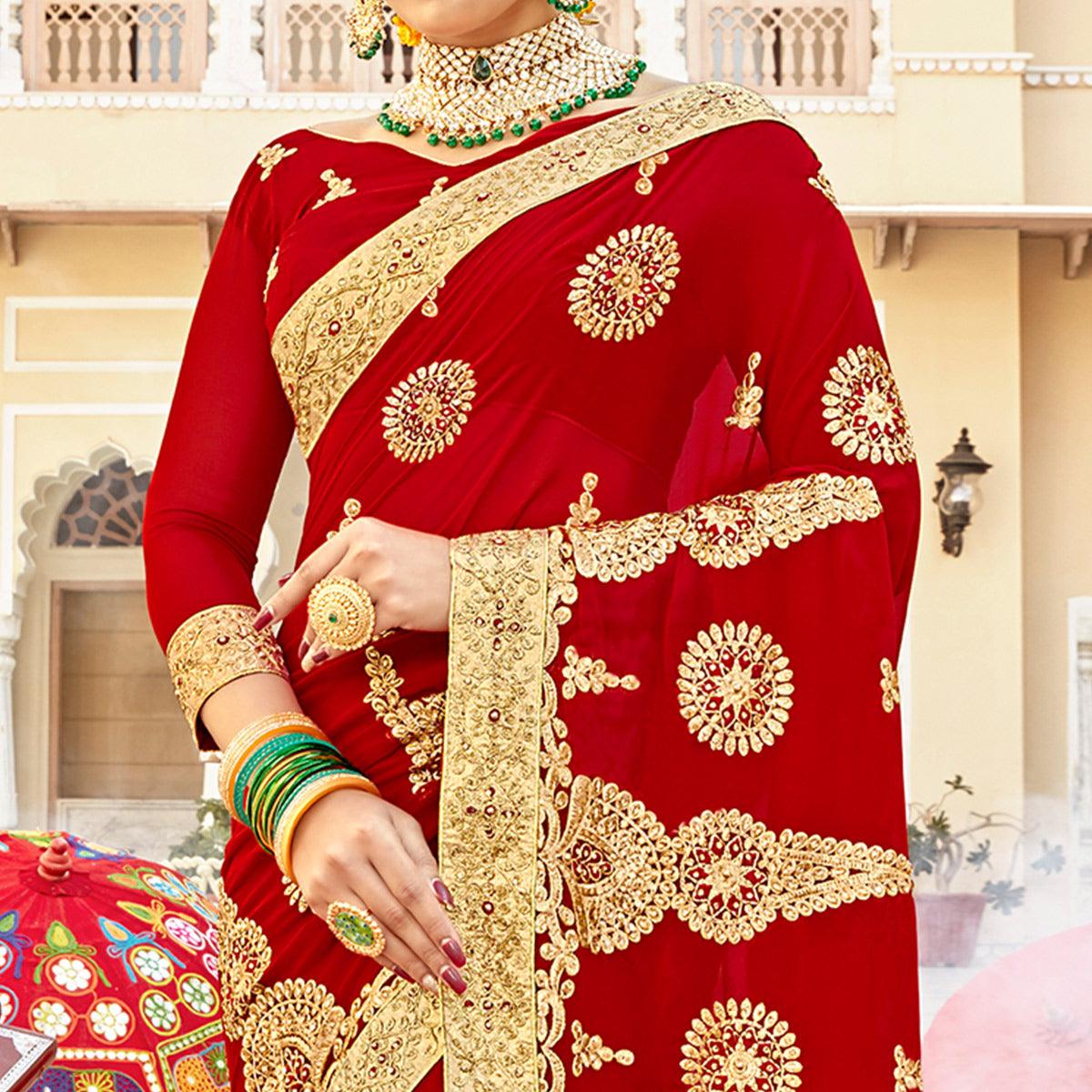 Hypnotic Red Colored Partywear Embroidered Georgette Saree