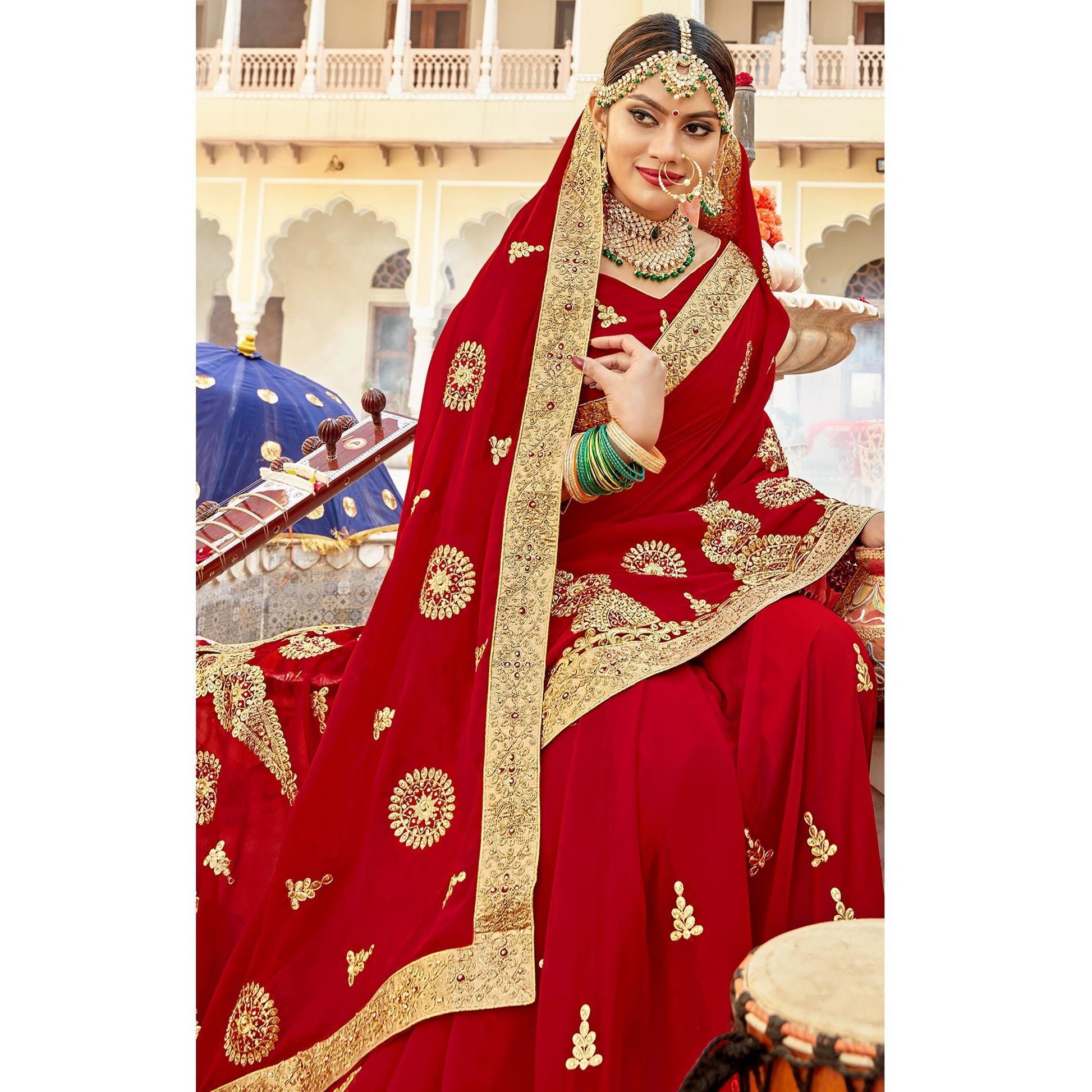 Hypnotic Red Colored Partywear Embroidered Georgette Saree