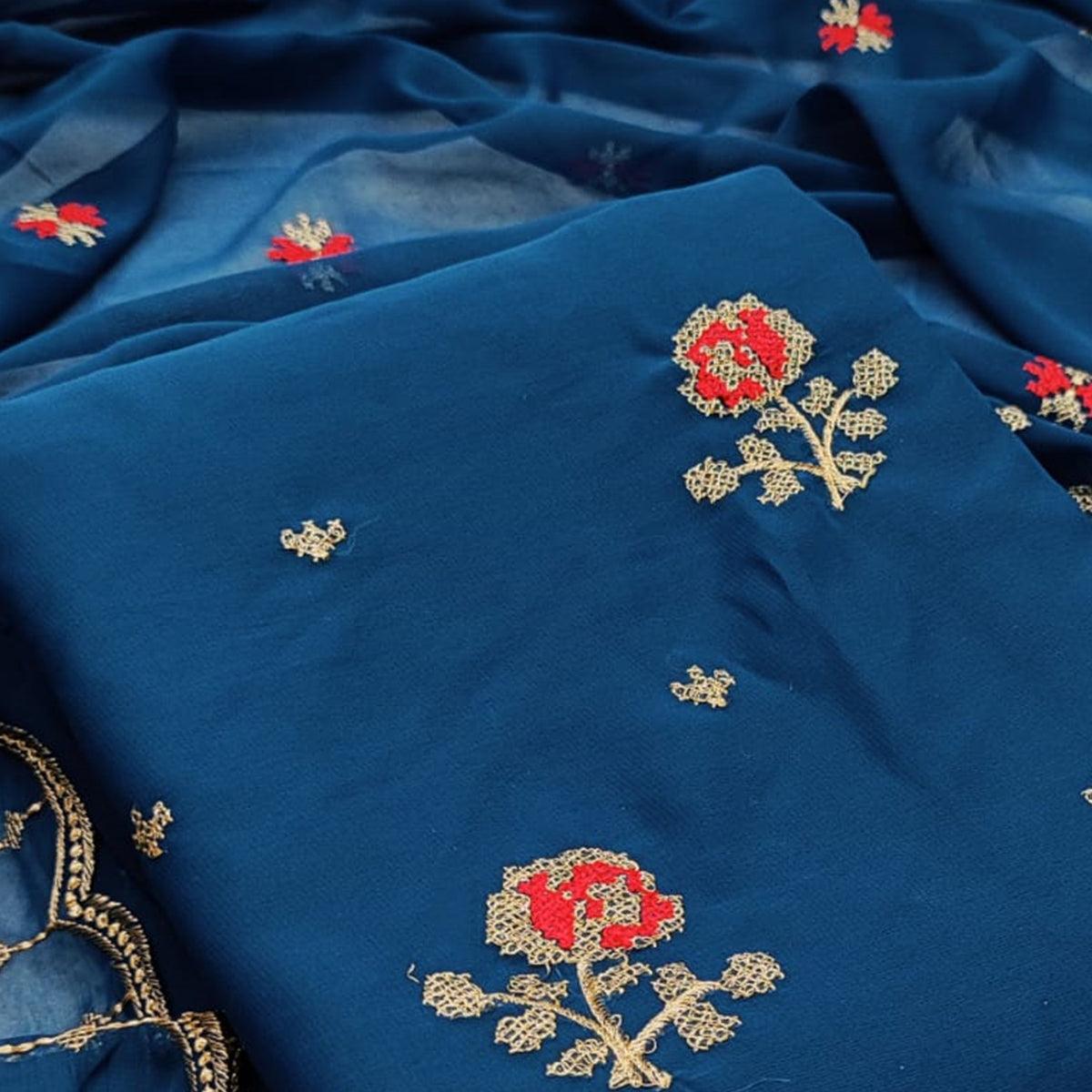 Hypnotic Sky Blue Colored Casual Wear Embroidered Georgette Dress Material
