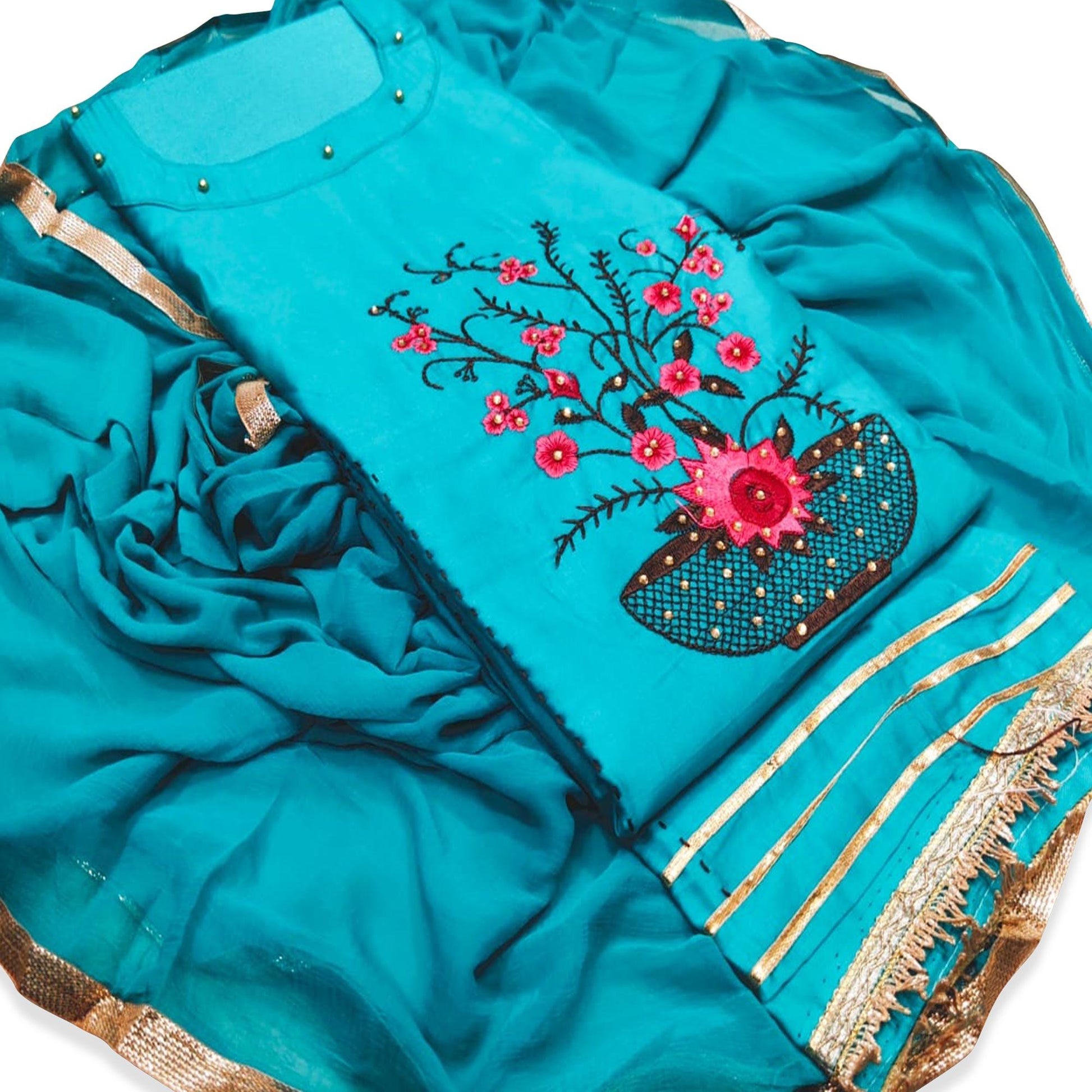 Hypnotic Sky Blue Colored Casual Wear Floral Embroidered Cotton Dress Material