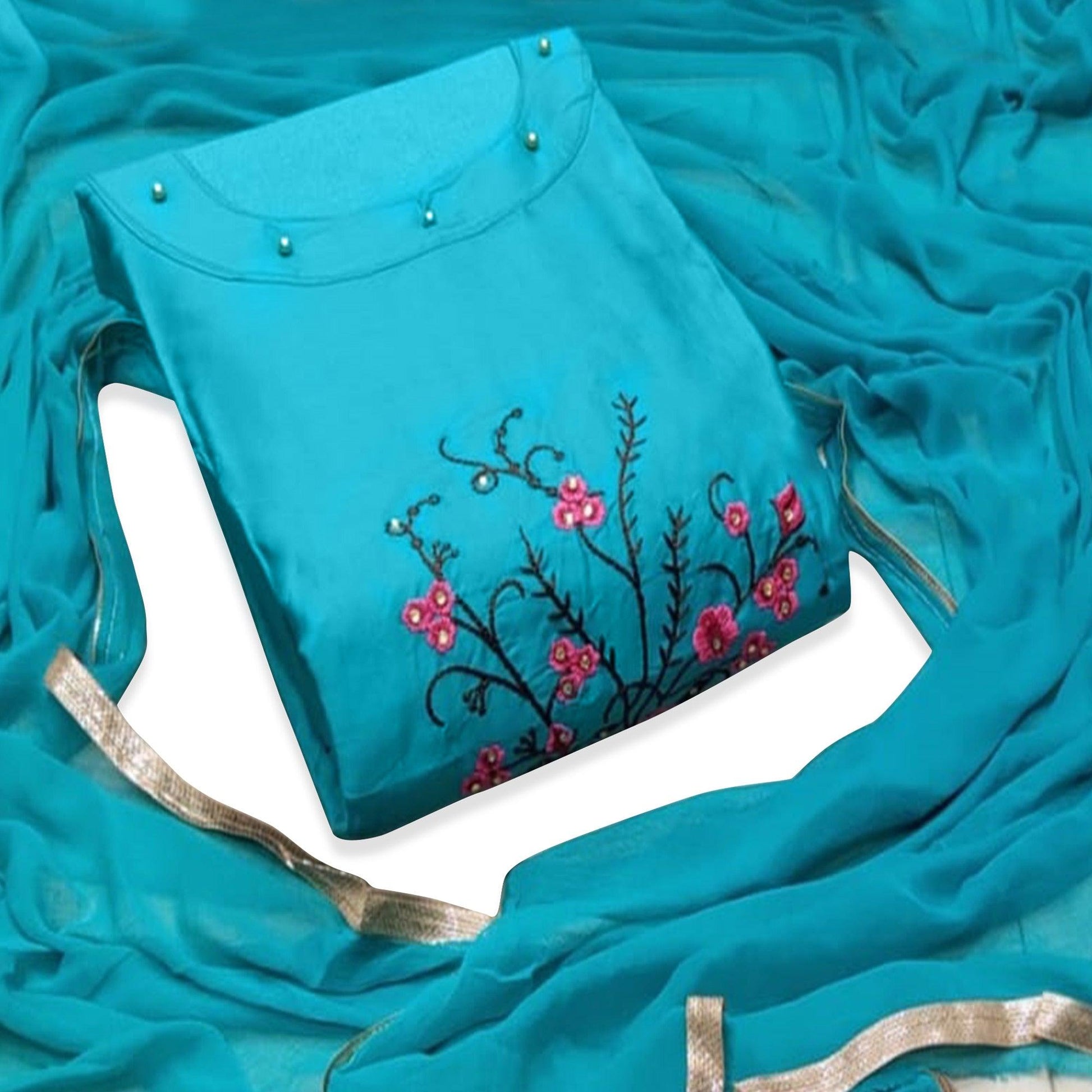 Hypnotic Sky Blue Colored Casual Wear Floral Embroidered Cotton Dress Material