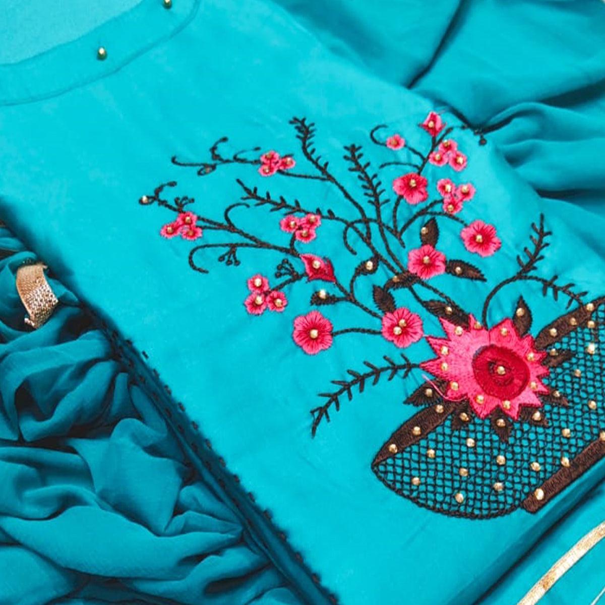Hypnotic Sky Blue Colored Casual Wear Floral Embroidered Cotton Dress Material