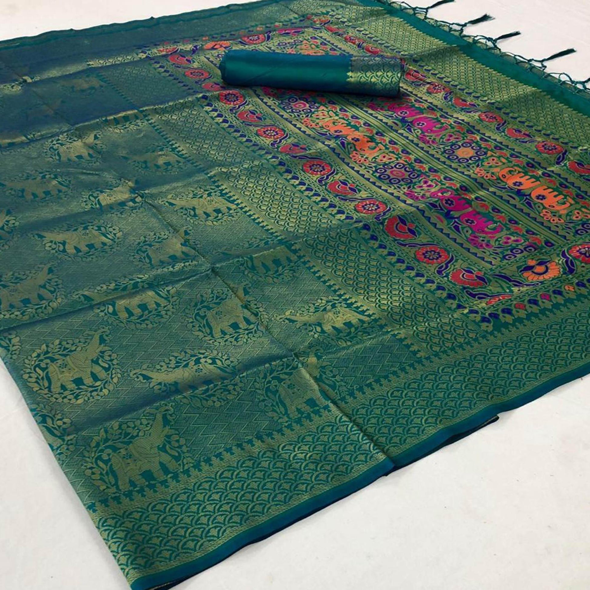 Hypnotic Turquoise Green Colored Festive Wear Woven Pure Soft Silk Saree