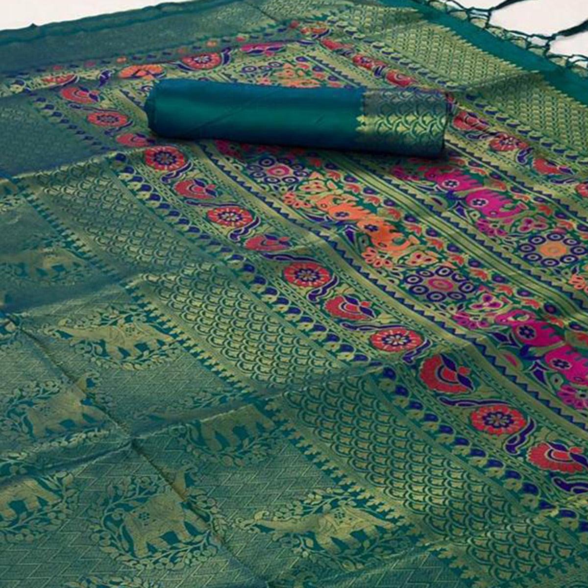 Hypnotic Turquoise Green Colored Festive Wear Woven Pure Soft Silk Saree