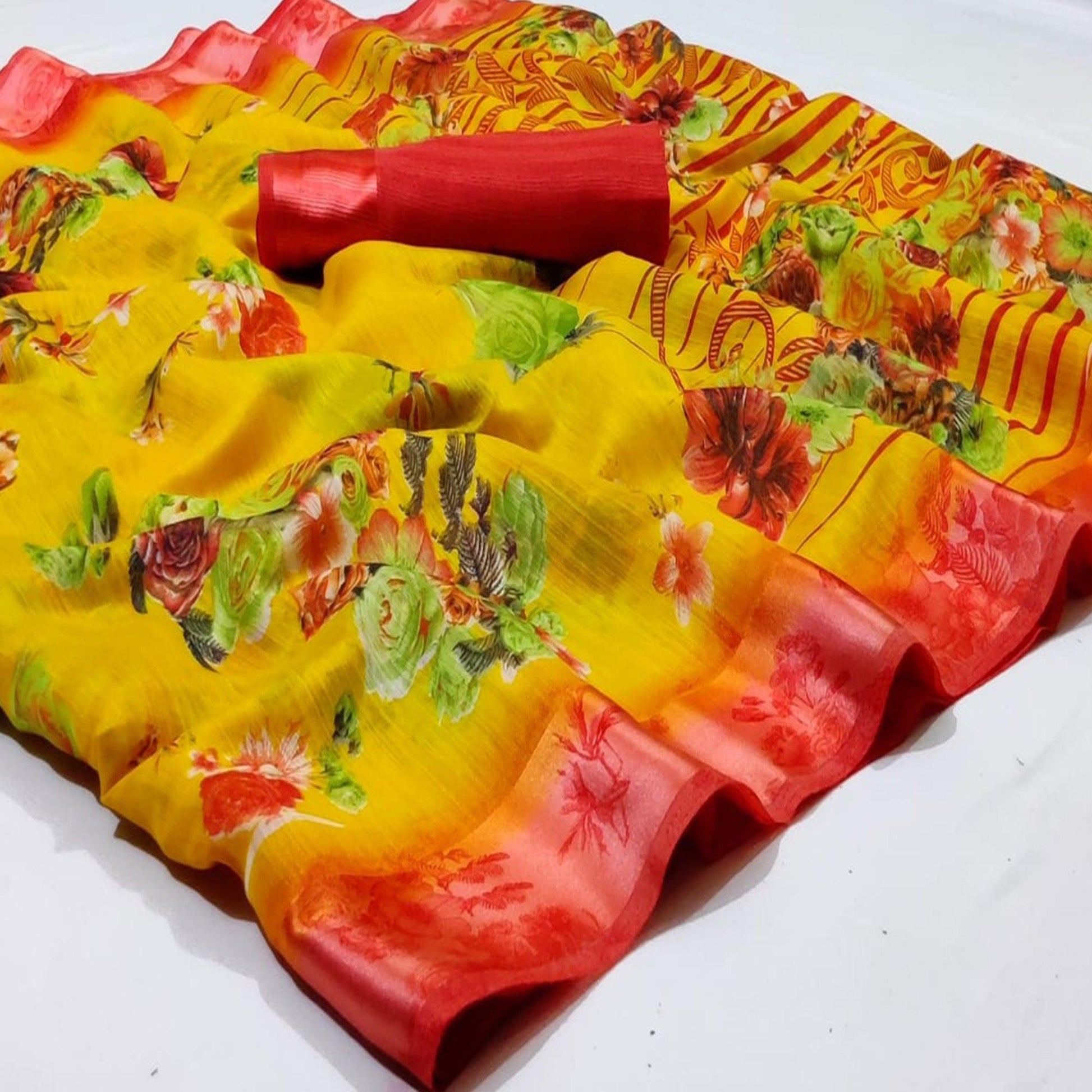 Hypnotic Yellow Colored Casual Wear Fancy Printed Linen Saree