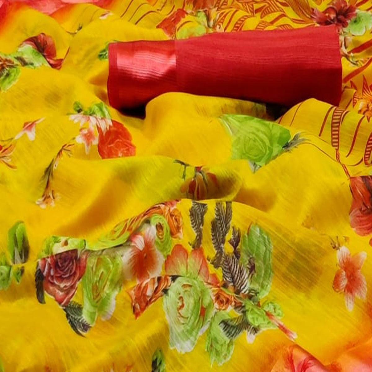 Hypnotic Yellow Colored Casual Wear Fancy Printed Linen Saree