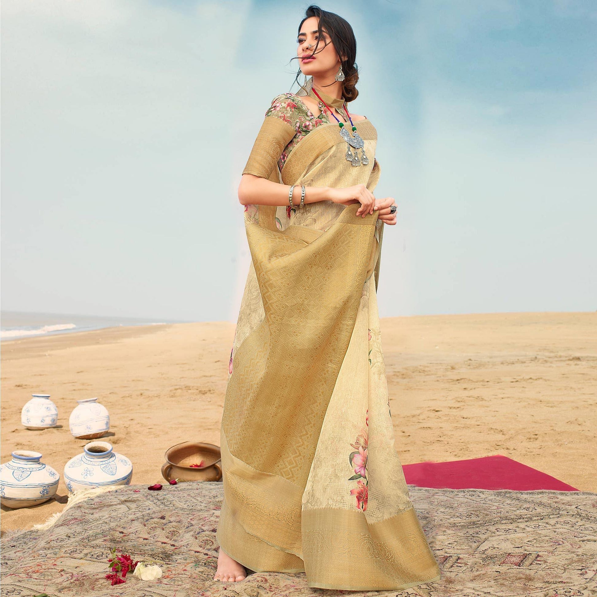 Hypnotic Yellow Colored Festive Wear Digital Floral Printed Linen Saree