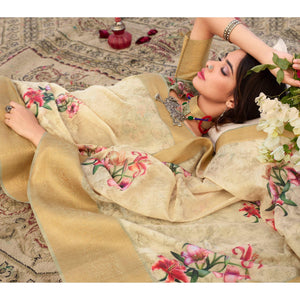 Hypnotic Yellow Colored Festive Wear Digital Floral Printed Linen Saree