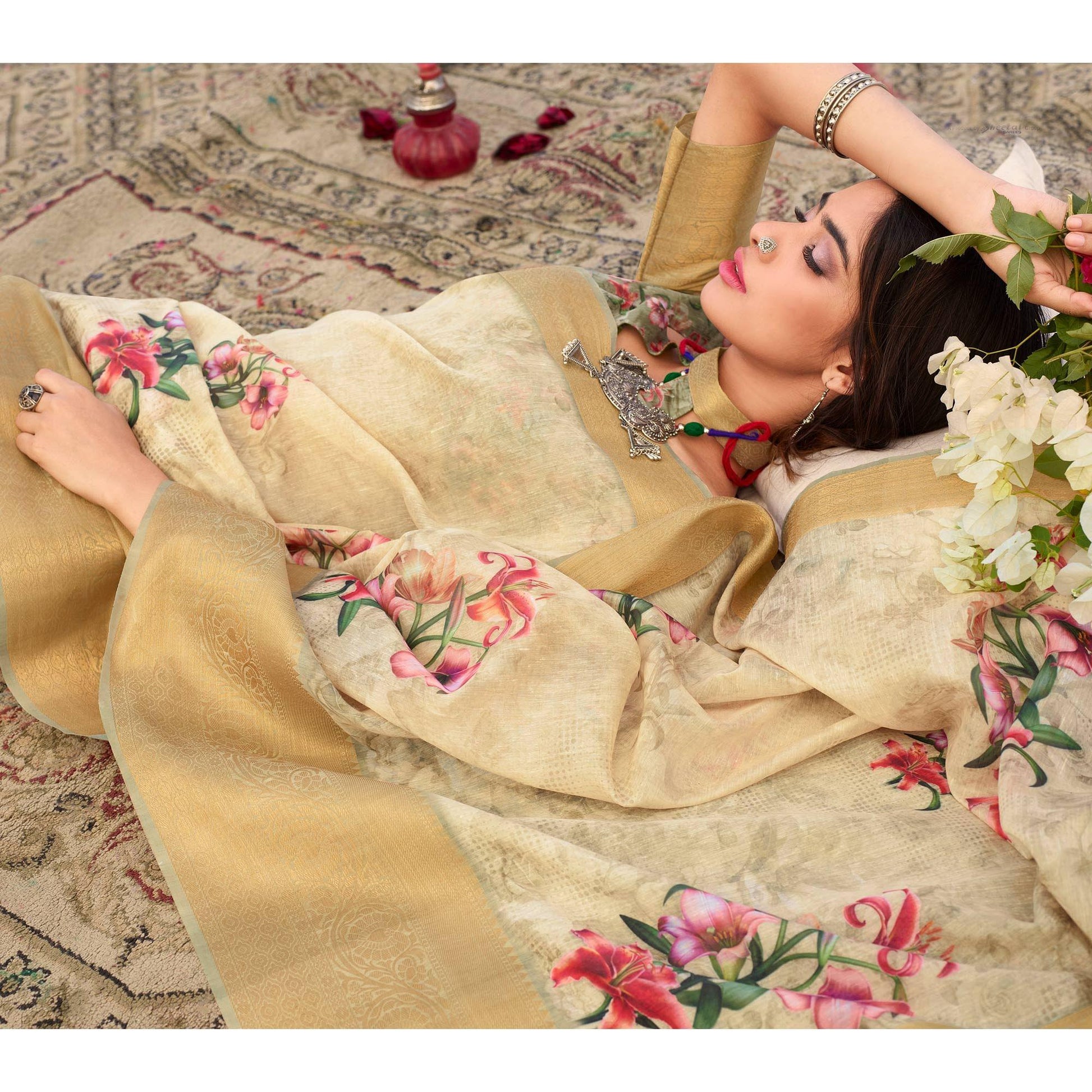Hypnotic Yellow Colored Festive Wear Digital Floral Printed Linen Saree