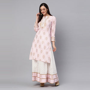 Idalia - Baby Pink Printed Kurta With Gold Print Skirt