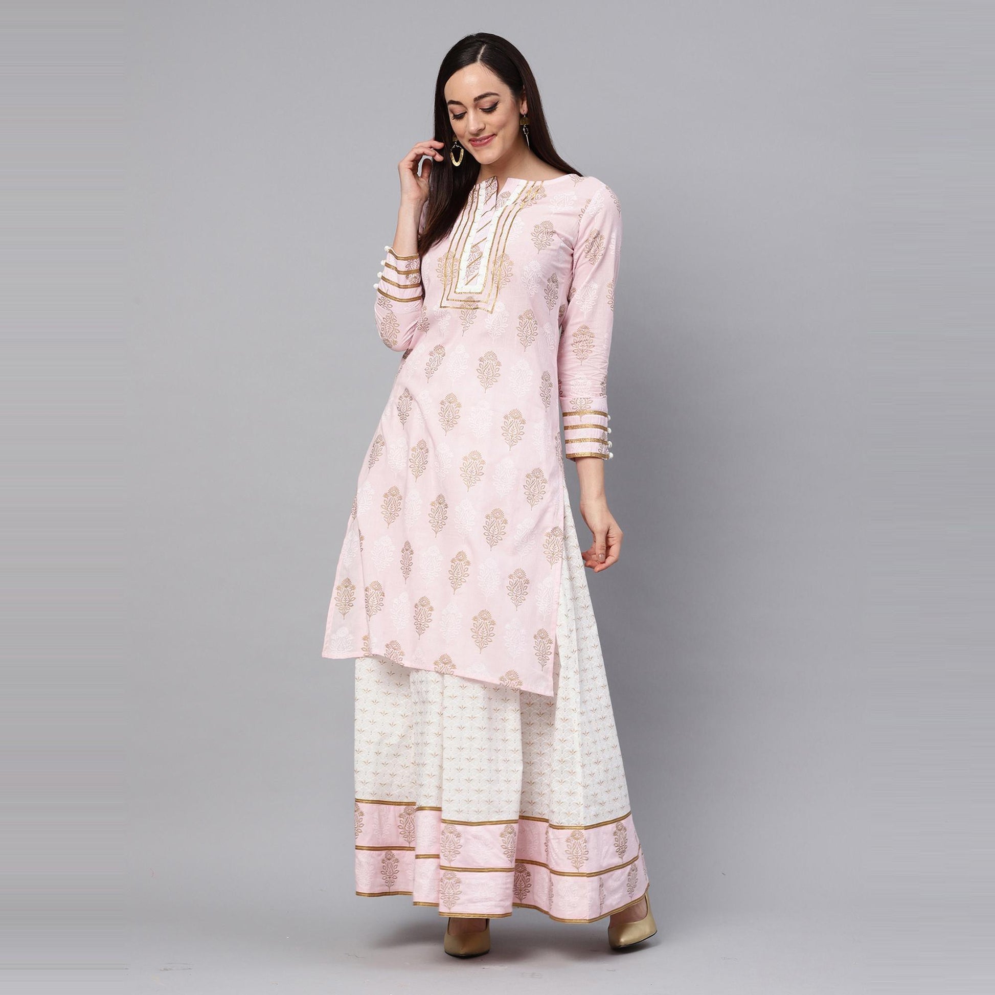 Idalia - Baby Pink Printed Kurta With Gold Print Skirt