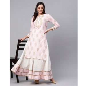 Idalia - Baby Pink Printed Kurta With Gold Print Skirt