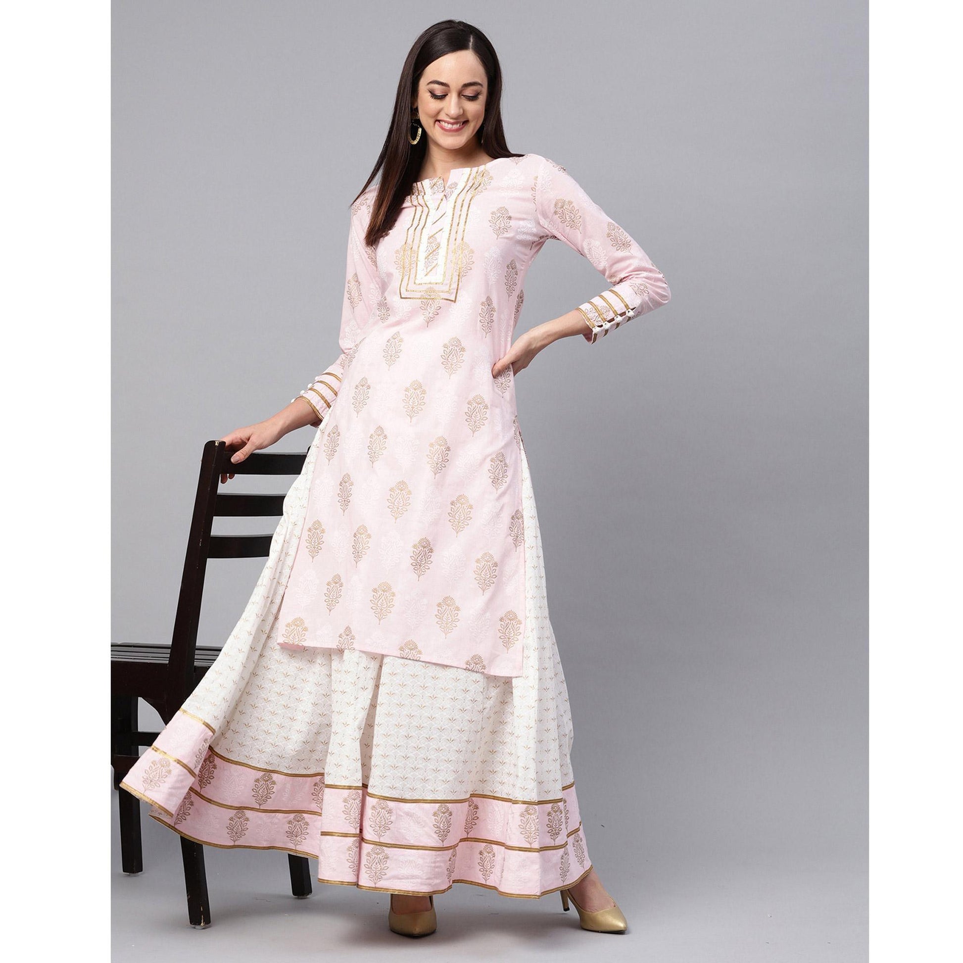 Idalia - Baby Pink Printed Kurta With Gold Print Skirt