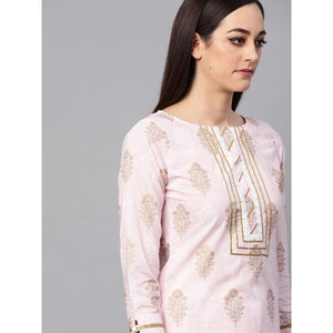 Idalia - Baby Pink Printed Kurta With Gold Print Skirt