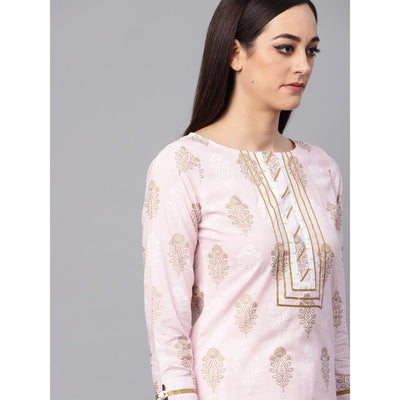 Idalia - Baby Pink Printed Kurta With Gold Print Skirt