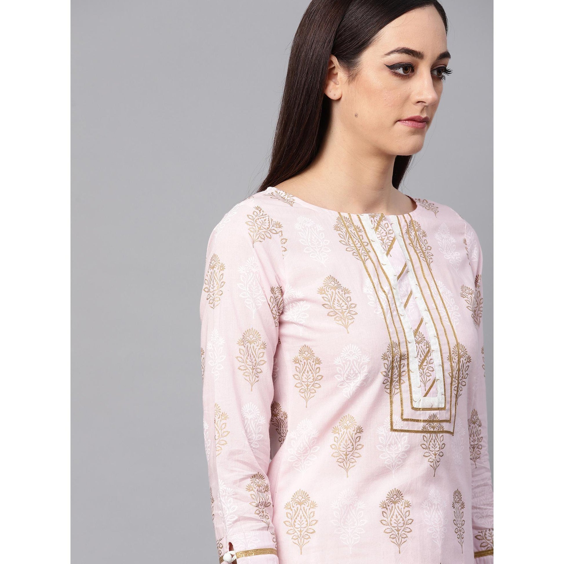 Idalia - Baby Pink Printed Kurta With Gold Print Skirt