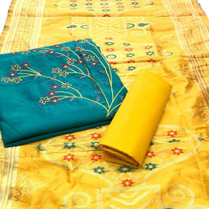 Ideal Aqua Green Colored Casual Wear Embroidered Cotton Dress Material With Banarasi Silk Dupatta