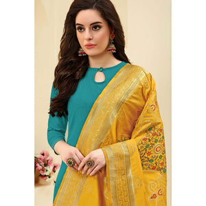 Ideal Aqua Green Colored Casual Wear Embroidered Cotton Dress Material With Banarasi Silk Dupatta