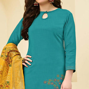 Ideal Aqua Green Colored Casual Wear Embroidered Cotton Dress Material With Banarasi Silk Dupatta