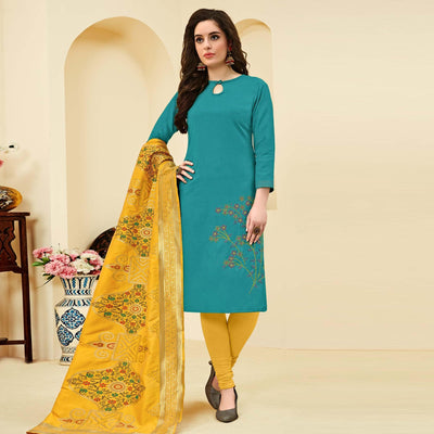 Ideal Aqua Green Colored Casual Wear Embroidered Cotton Dress Material With Banarasi Silk Dupatta
