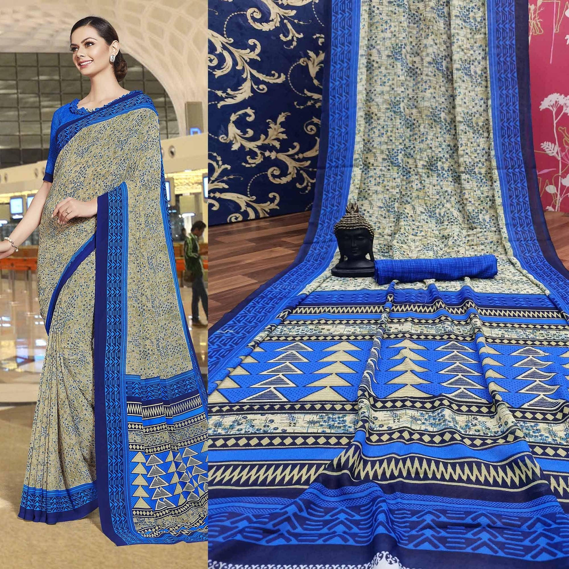 Ideal Beige-Blue Colored Casual Printed Georgette Saree