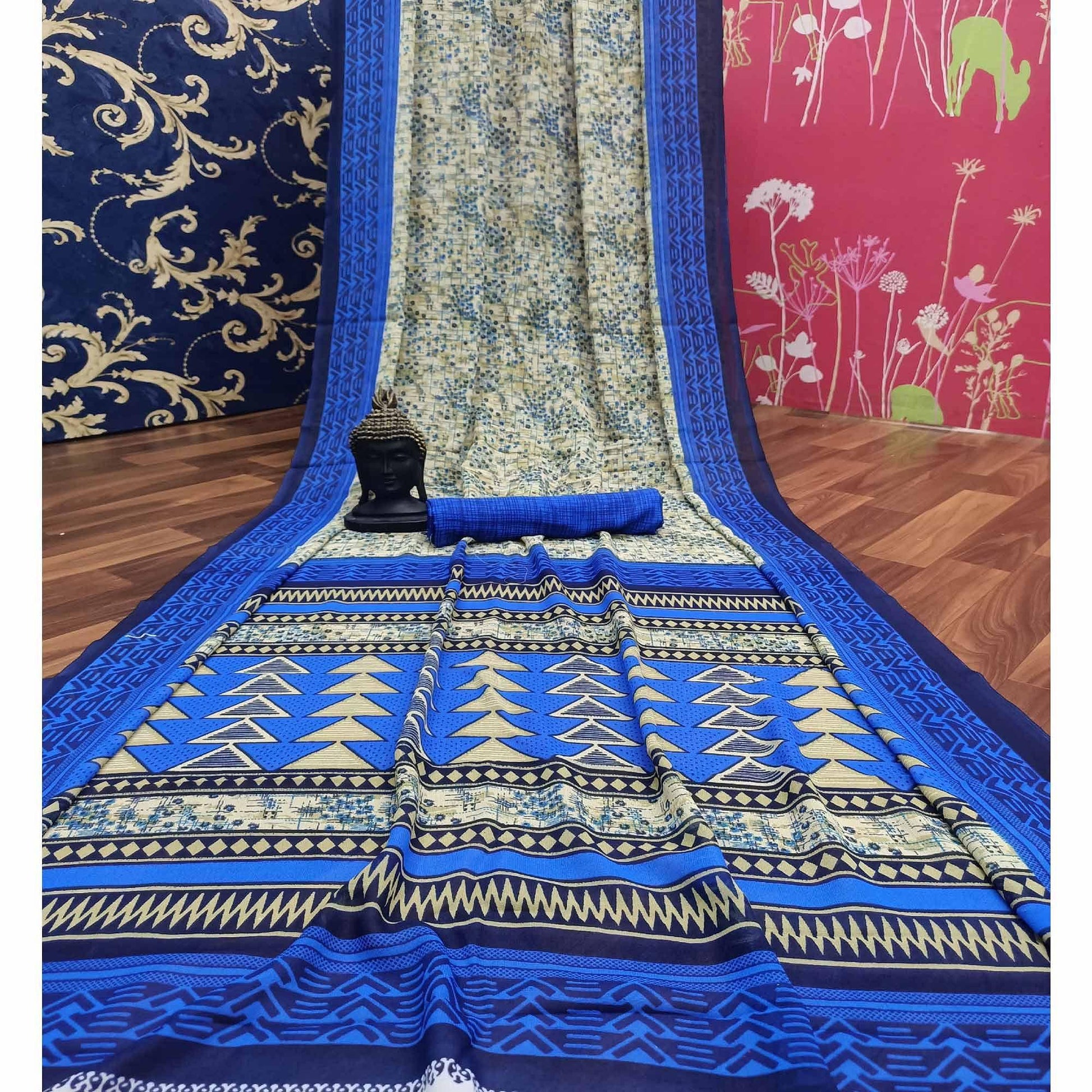 Ideal Beige-Blue Colored Casual Printed Georgette Saree