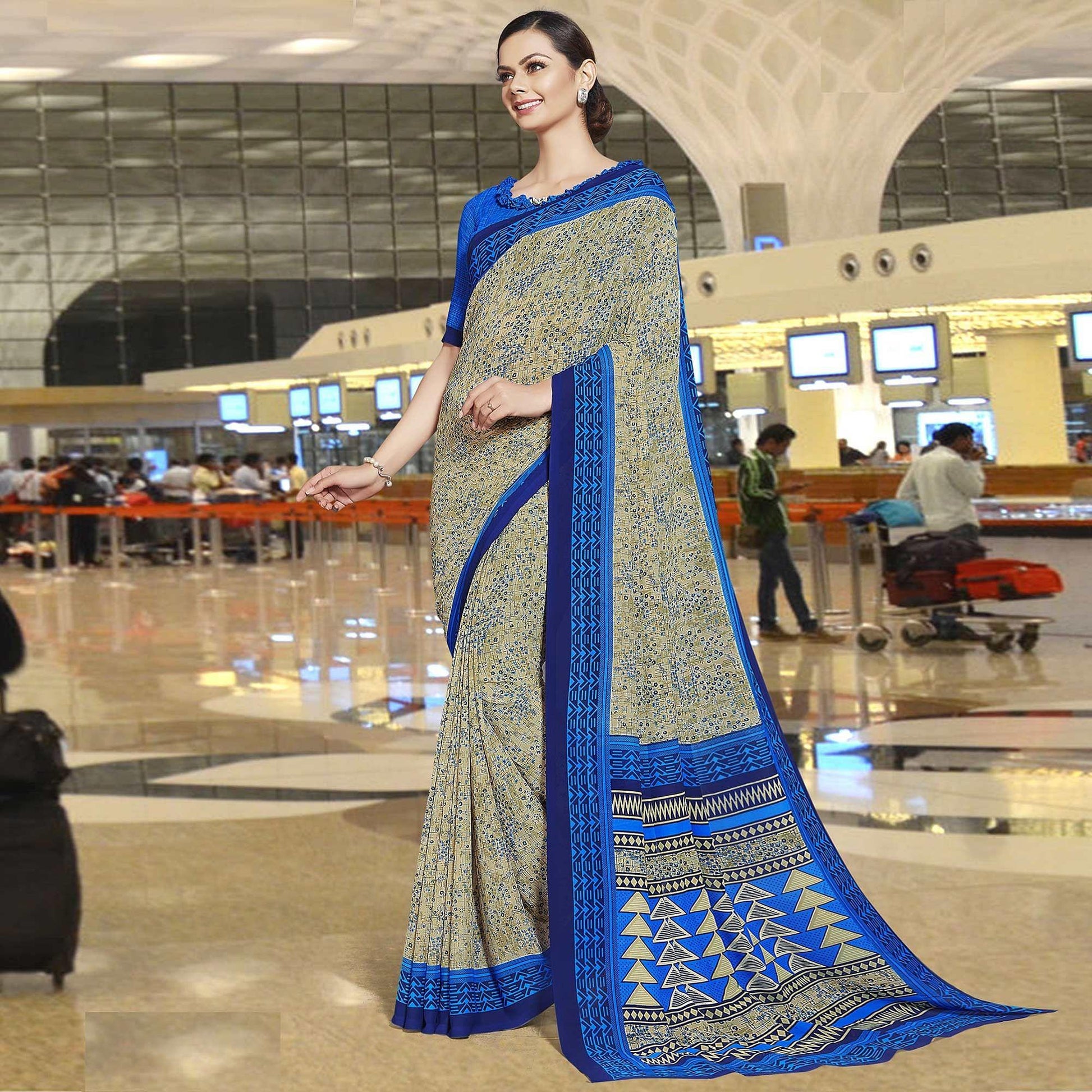 Ideal Beige-Blue Colored Casual Printed Georgette Saree