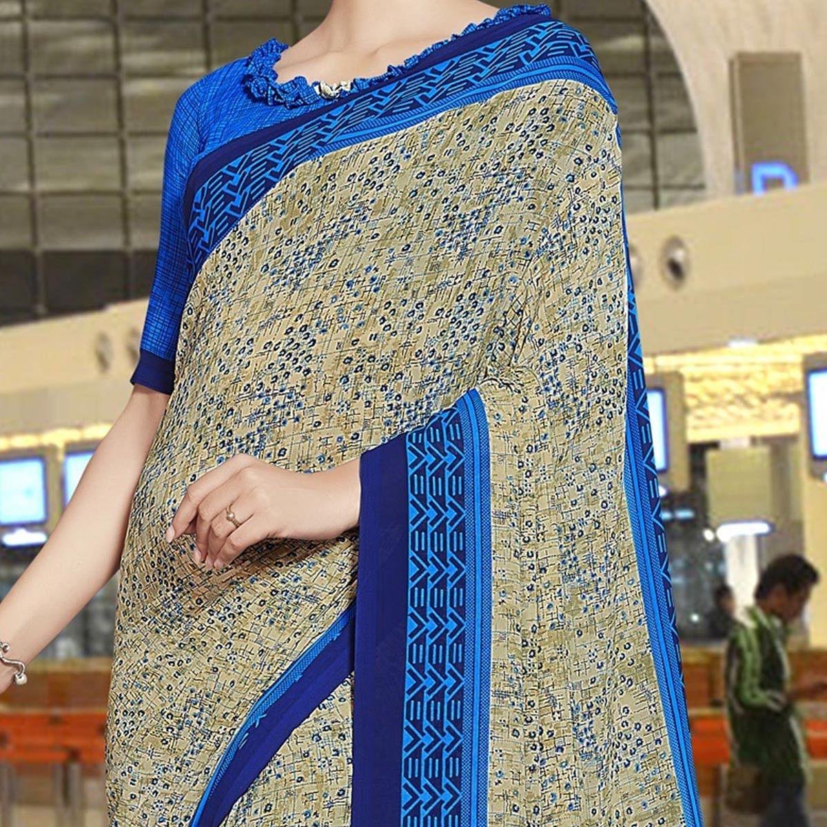 Ideal Beige-Blue Colored Casual Printed Georgette Saree