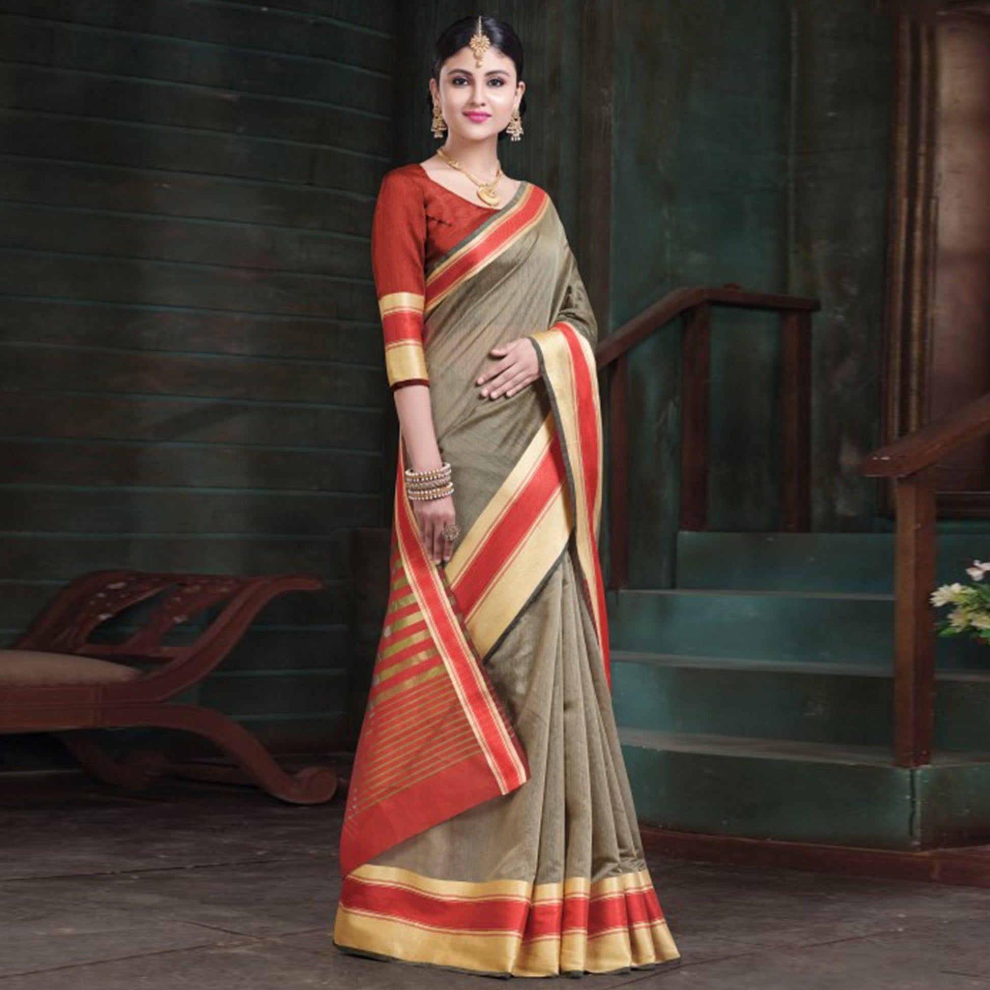 Ideal Beige Colored Festive Wear Woven Cotton Handloom Saree