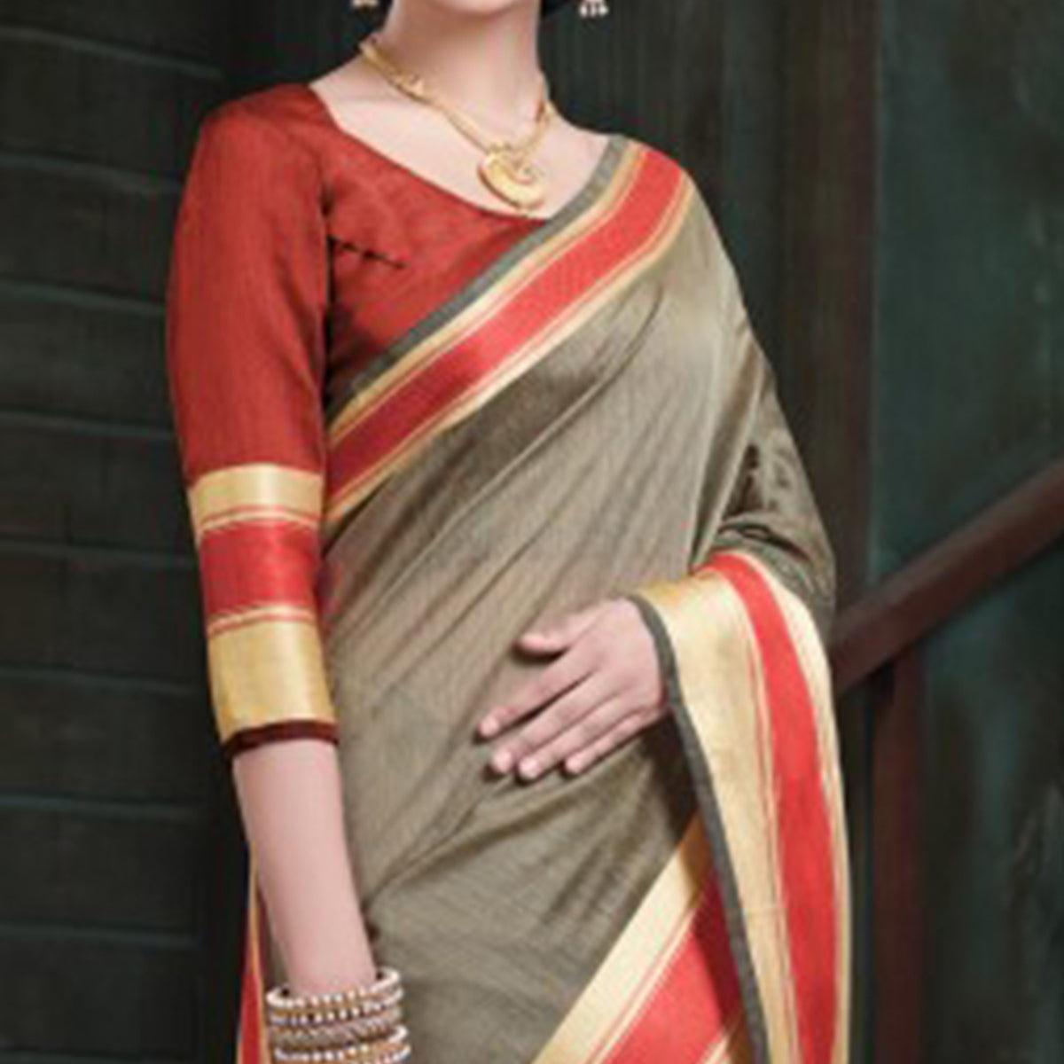 Ideal Beige Colored Festive Wear Woven Cotton Handloom Saree