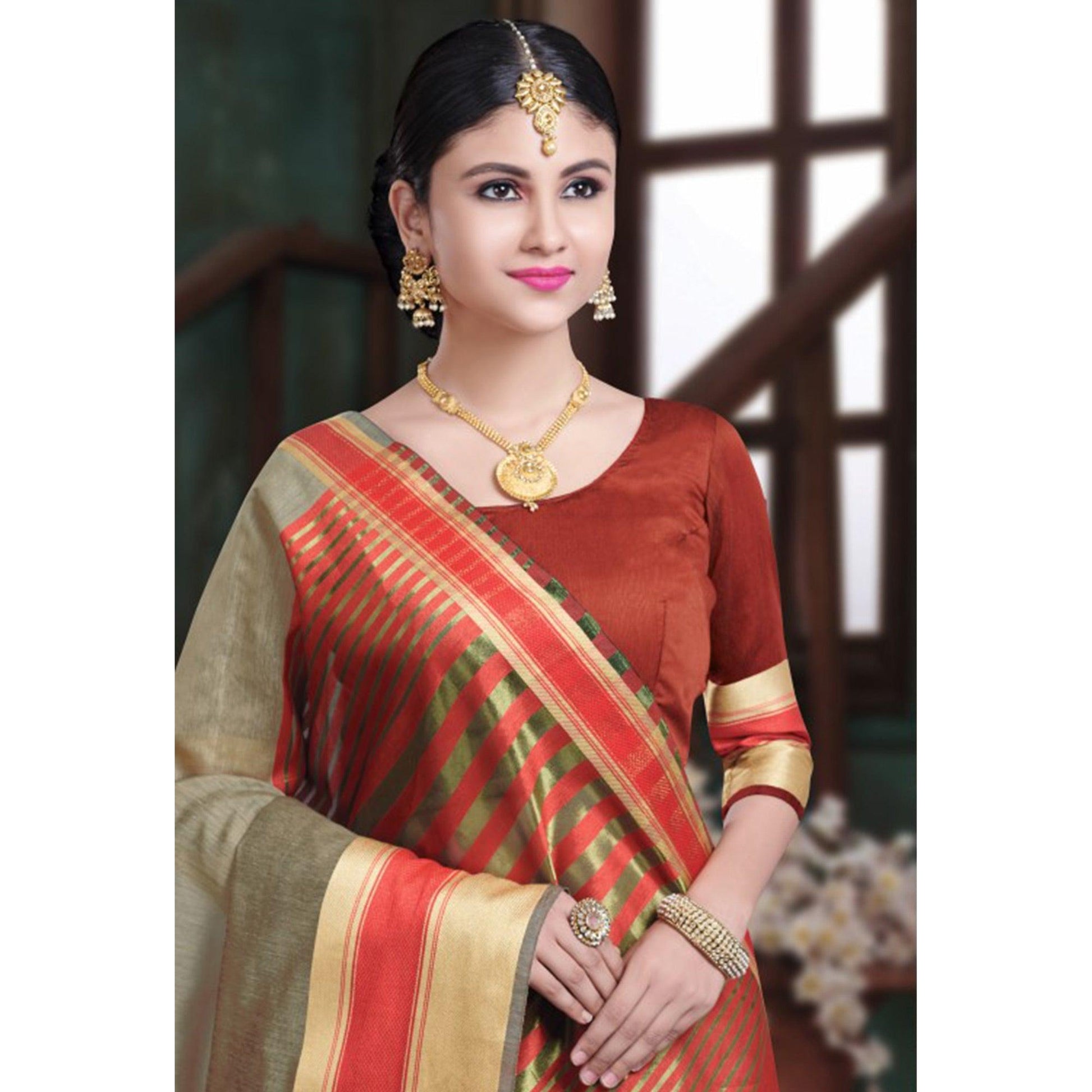 Ideal Beige Colored Festive Wear Woven Cotton Handloom Saree