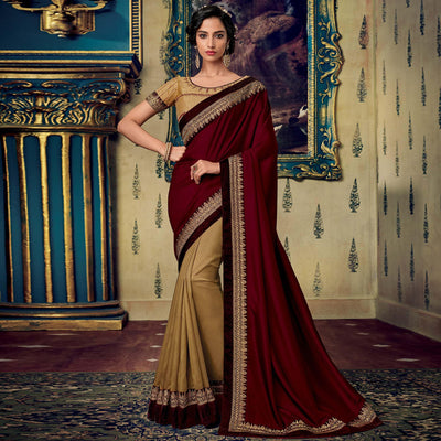 Ideal Beige-Maroon Colored Partywear Embroidered Half & Half Silk Saree